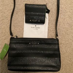 NEWKate Spade Silver on black Cross Body purse matching wallet FREE W/ PURCHASE